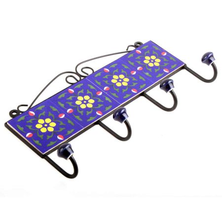 Navy Blue Yellow Floral Tiles Hooks